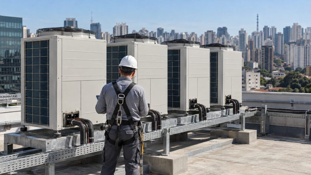 Técnico com capacete e cinto de segurança inspecionando condensadoras de sistema VRF na cobertura de um prédio comercial