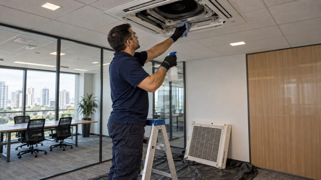Técnico limpando um ar-condicionado cassete no forro com a grelha removida e apoiada no chão protegido
