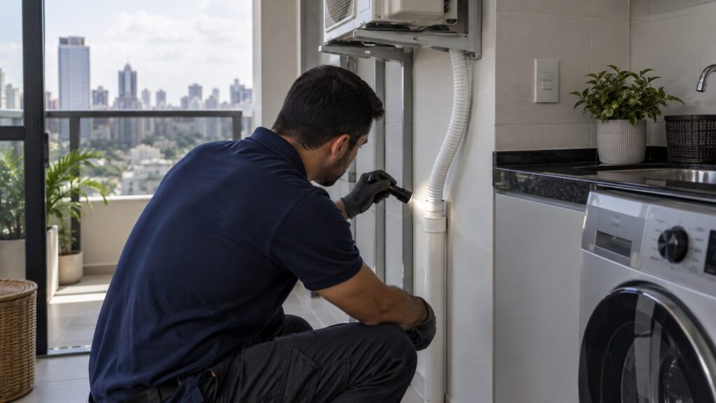 Técnico inspecionando com lanterna a ligação da mangueira de dreno de um ar-condicionado em um tubo de PVC