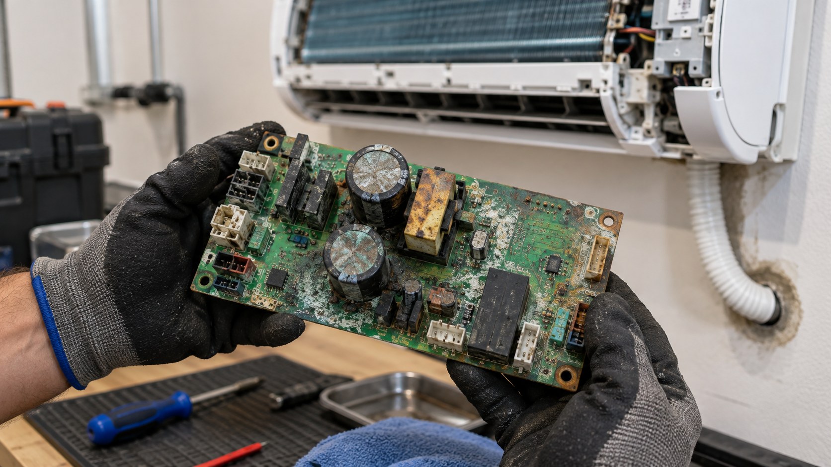 Ilustração de placa eletrônica de ar-condicionado com oxidação