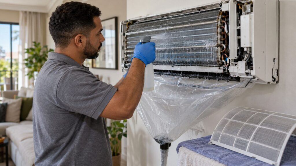 Técnico higienizando a serpentina de um ar-condicionado split com bolsa coletora