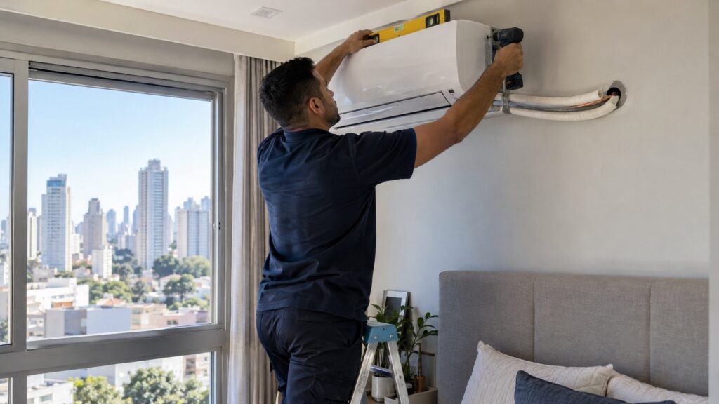 Técnico instalando ar-condicionado split na parede de um quarto em São Paulo