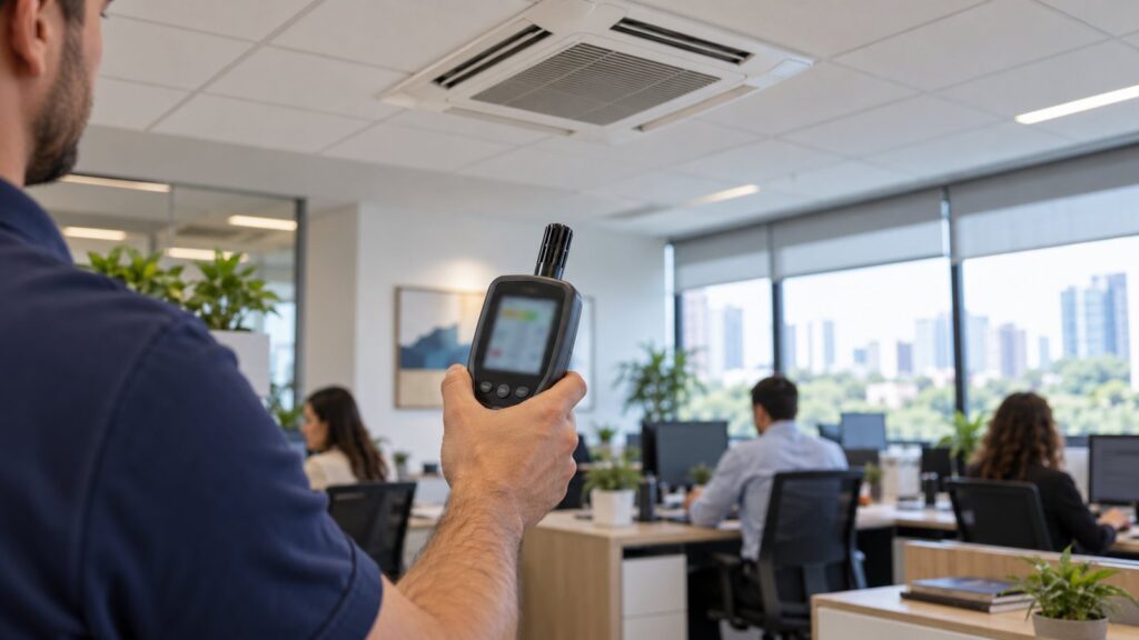 Técnico medindo a qualidade do ar com medidor portátil em escritório com ar-condicionado cassete no forro